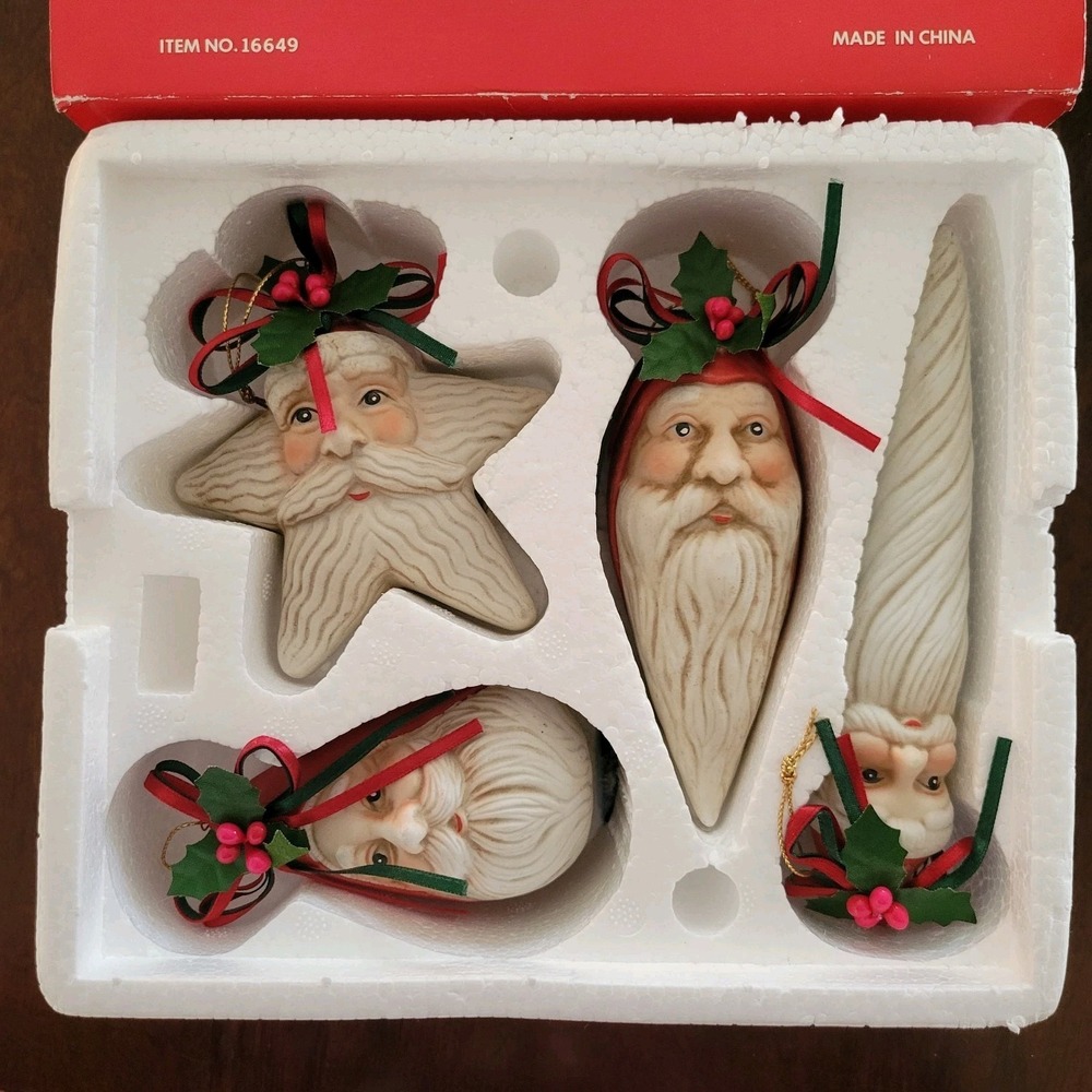 Set of‎ 4 Santa Face Christmas Ornaments w/ Star Original Box Holiday Tree Decor